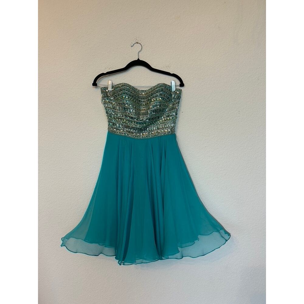 Sherri Hill Teal and Gold Strapless Prom Dress